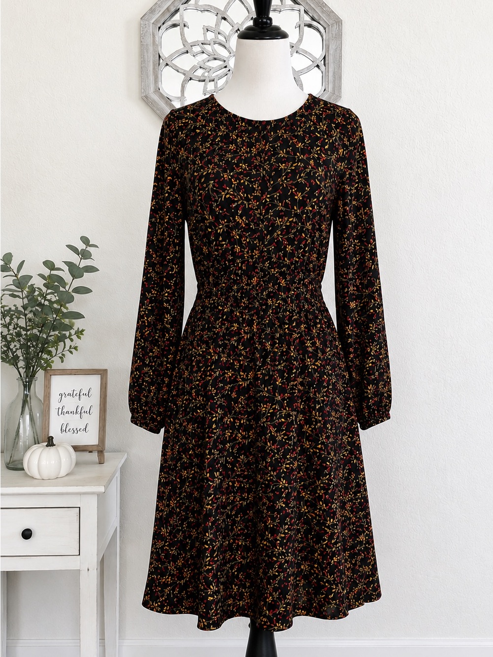 Old Navy • Black Floral Long Sleeve Fit & Flare Midi Dress